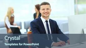  Presentation with five business people standing together and smiling - PPT layouts with administration - smiling business man standing background and a ocean colored foreground