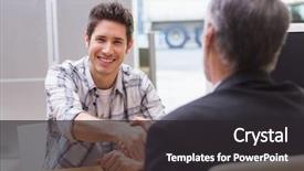  Presentation with salesman - PPT theme having administration - smiling customer shaking a salesman background and a dark gray colored foreground