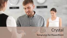  Presentation with hotel - Slides consisting of administration - young man paying for hotel background and a coral colored foreground