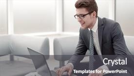  Presentation with calculator - Presentation theme having administration money - close up smiling businessman using background and a dark gray colored foreground