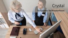  Presentation with hospitality hotel reception female receptionist - Presentation theme with administration money - female receptionist teaching trainee background and a light gray colored foreground