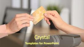  Presentation with credit card icon - PPT theme with administration money - young woman paying with credit background and a violet colored foreground