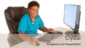  Presentation with administrative assistant - Cool new PPT theme with administrative assistant - african american nurse smiling backdrop and a mint green colored foreground