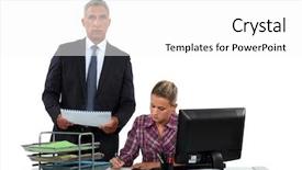  Presentation with work - Amazing PPT theme having administrative assistant - boss delegating work to female backdrop and a white colored foreground