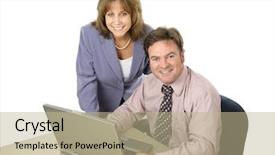  Presentation with team working together - Presentation theme enhanced with administrative assistant - male female business team working background and a mint green colored foreground