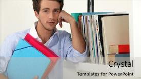  Presentation with files - Beautiful presentation featuring administrative assistant - office worker posing with his backdrop and a soft green colored foreground