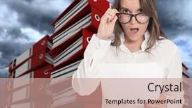  Presentation with piles - PPT theme having administrative assistant - stressed looking woman surrounded background and a coral colored foreground