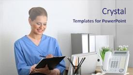  Presentation with receptionist - PPT theme consisting of administrative assistant - young female receptionist holding folder background and a sky blue colored foreground