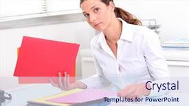  Presentation with administrative assistant - Amazing slide deck having administrative assistant - young woman classifying documents backdrop and a sky blue colored foreground