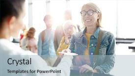  Presentation with registration - PPT theme featuring administrative control - happy female taking back her background and a light blue colored foreground