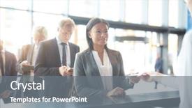  Presentation with giving - Colorful PPT theme enhanced with administrative control - happy mixed-race businesswoman giving her backdrop and a gray colored foreground