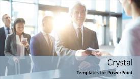  Presentation with ticket - Presentation theme having administrative control - senior businessman giving his passport background and a light blue colored foreground