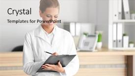  Presentation with receptionist - Cool new presentation theme with administrative medical assistant - young female receptionist holding folder backdrop and a light gray colored foreground