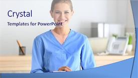  Presentation with hospitality hotel reception female receptionist - Amazing slides having administrative medical assistant - young female receptionist holding folder backdrop and a sky blue colored foreground