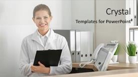  Presentation with receptionist - Theme consisting of administrative medical assistant - young female receptionist holding folder background and a light gray colored foreground