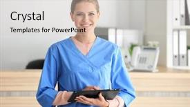  Presentation with female - Slides with administrative medical assistant - young female receptionist holding tablet background and a light gray colored foreground