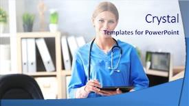  Presentation with receptionist - Audience pleasing presentation theme consisting of administrative medical assistant - young female receptionist holding tablet backdrop and a sky blue colored foreground