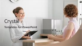  Presentation with receptionist - Colorful presentation theme enhanced with administrative medical assistant - young female receptionist with client backdrop and a  colored foreground