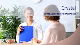  Presentation with administrative assistant - Audience pleasing PPT theme consisting of administrative medical assistant - young female receptionist with client backdrop and a  colored foreground