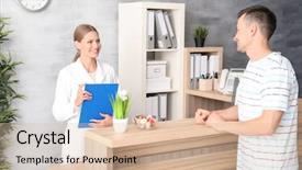  Presentation with administrative assistant - PPT theme consisting of administrative medical assistant - young female receptionist with client background and a  colored foreground