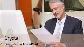  Presentation with office desk reception - Theme with administrative professional day - businessman reading document at office background and a  colored foreground