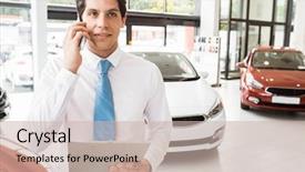  Presentation with phone - PPT theme enhanced with administrative professional day - smiling businessman on the phone background and a  colored foreground