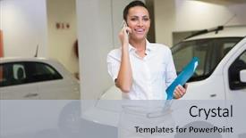  Presentation with car accident cell phone - Colorful PPT layouts enhanced with administrative professional day - smiling businesswoman on the phone backdrop and a  colored foreground