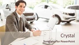  Presentation with salesman - Slide set featuring administrative professional day - smiling salesman behind his desk background and a lemonade colored foreground