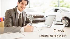  Presentation with salesman - Slide set enhanced with administrative professional day - smiling salesman behind his desk background and a lemonade colored foreground