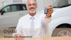  Presentation with salesman - PPT layouts with administrative professional day - smiling salesman giving a customer background and a lemonade colored foreground