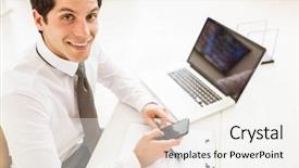  Presentation with salesman - Theme having administrative professional day - smiling salesman having a phone background and a sky blue colored foreground