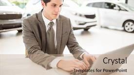  Presentation with young man holdng laptop on lap money - Beautiful PPT layouts featuring administrative professional day - smiling salesman typing on his backdrop and a coral colored foreground
