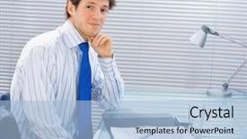  Presentation with desk - Colorful presentation design enhanced with administrative professional day - young handsome businessman sitting backdrop and a light blue colored foreground