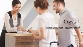  Presentation with hotel - Beautiful presentation design featuring administrative services - young couple near reception desk backdrop and a soft green colored foreground