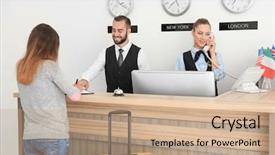  Presentation with hotel - PPT theme consisting of administrative services - young woman near reception desk background and a coral colored foreground