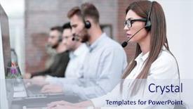  Presentation with call center - Colorful slide set enhanced with administrative support - young employee call center talking backdrop and a sky blue colored foreground