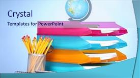  Presentation with bright - Slide set with administrative work - bright paper trays and stationery background and a  colored foreground