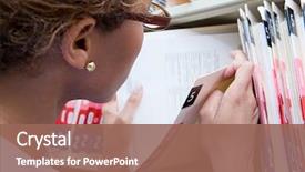  Presentation with record - Amazing slides having administrator looking at medical record backdrop and a violet colored foreground