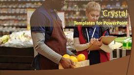  Presentation with grocery - PPT theme having administrator-of-supermarket-making-notes background and a tawny brown colored foreground