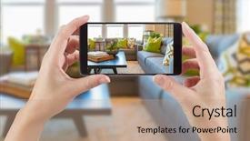  Presentation with living room - PPT theme consisting of admire - female hands holding smart phone background and a coral colored foreground