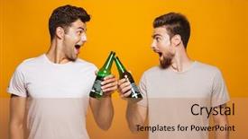  Presentation with full length portrait two men women brown sweater - Colorful PPT theme enhanced with admire - portrait of a two cheerful backdrop and a coral colored foreground