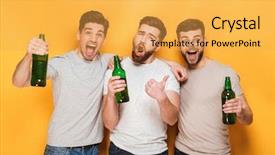  Presentation with virile young men - Cool new slide set with cerveza - three young cheerful men holding backdrop and a yellow colored foreground