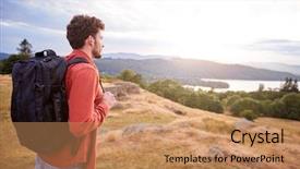  Presentation with walking - Theme with admire - young adult caucasian man walking background and a  colored foreground