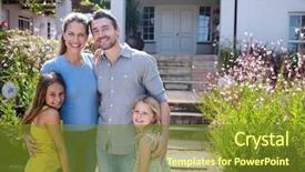  Presentation with five business people standing together and smiling - Slide deck consisting of adobe - portrait of family standing together background and a tawny brown colored foreground