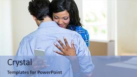  Presentation with mobile home - Audience pleasing slides consisting of adobe - woman checking her mobile phone backdrop and a light blue colored foreground