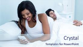  Presentation with phone - PPT theme with adobe - woman checking her mobile phone background and a  colored foreground