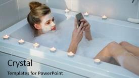  Presentation with phone - Beautiful presentation theme featuring adobe - woman using mobile phone while backdrop and a light blue colored foreground