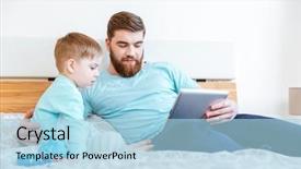  Presentation with father and son - PPT theme with adolescent cartoon - father and son lying background and a light blue colored foreground