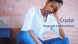  Presentation with brick wall - Theme having adolescent depression - sad schoolgirl sitting against brick background and a sky blue colored foreground