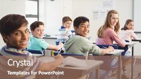  Presentation with kids in school - PPT theme enhanced with adolescent development - portrait of smiling school kids background and a coral colored foreground